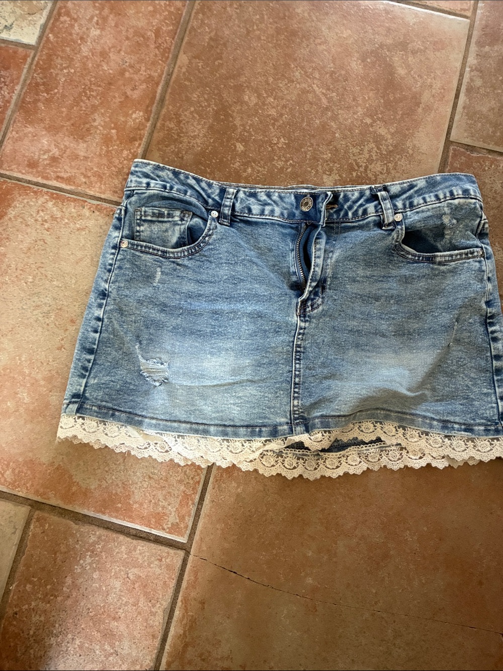 Madden Girl Light Blue Denim Mini Skirt with White Lace Trim